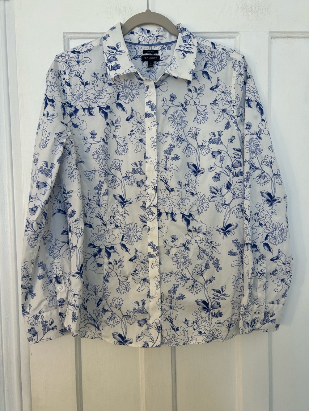 Talbots Blue White Floral Button Front Blouse Size 12 Cotton Stretch
